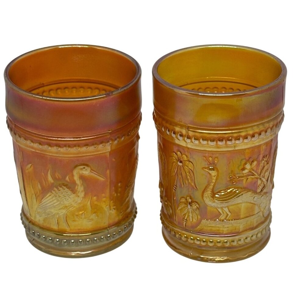 VTG Dugan Marigold Carnival Glass Tumbler 2Pc Stork Rushes Peacock Pattern Decor